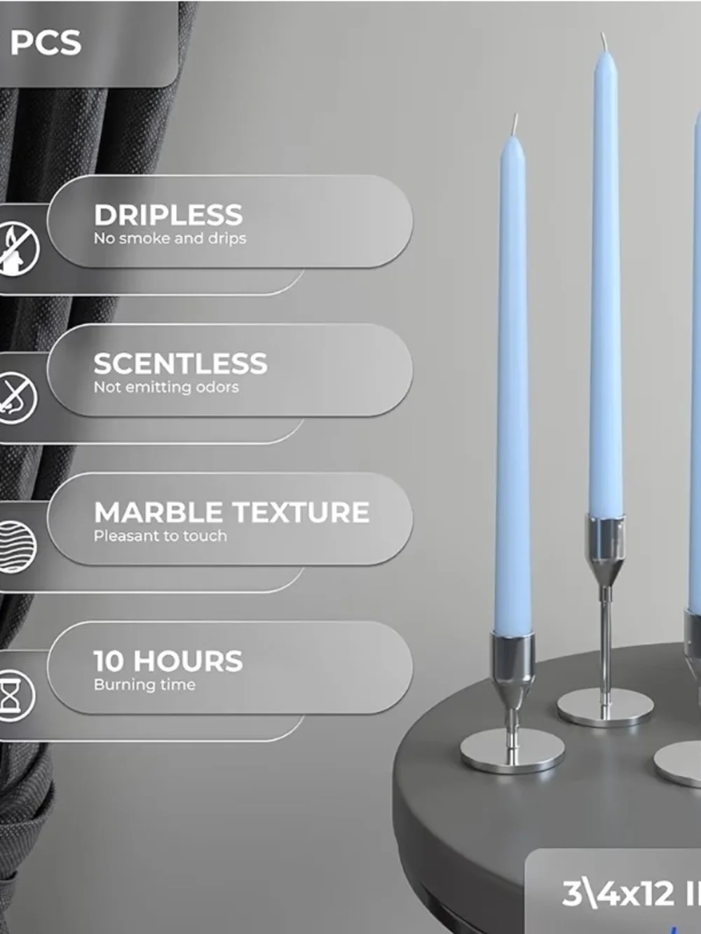 Light Blue 10 inch Taper Candles Set of 12 - Unscented Smokeless Dripless Tall